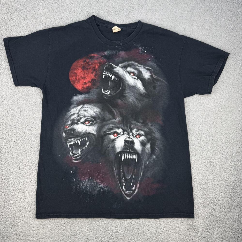 Three Wolves Shirt Mens Large Black Red Moon Graphic Tee T-Shirt Horror Gothic